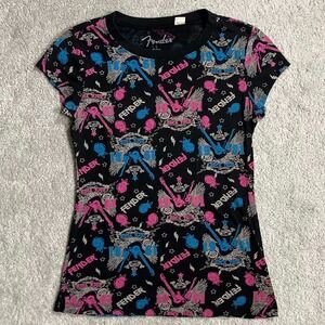 Fender Womens 1981 Rock Tour Graphic T-Shirt Black Pink Blue Guitar Print Large